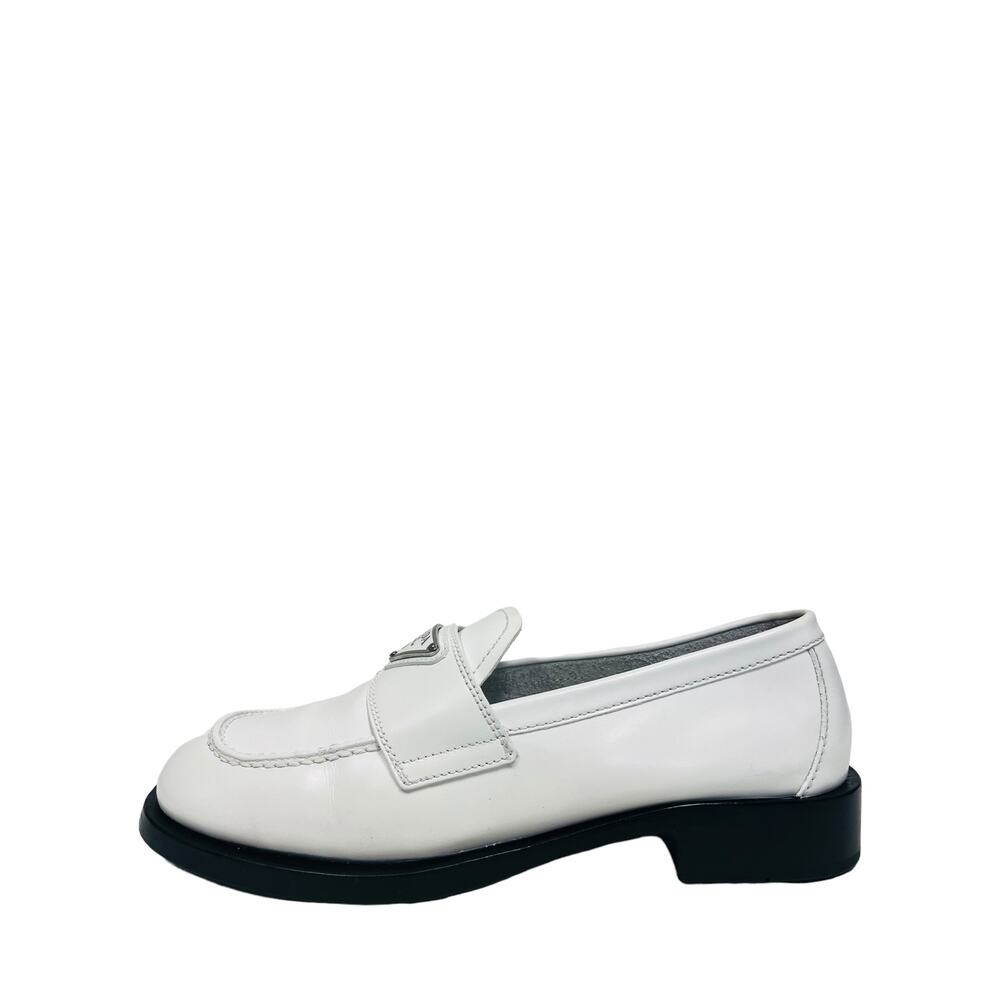 PRADA White Leather Metal Triangle Logo Slip-On Loafers Size 36.5 US 6.5 - Picture 1 of 11